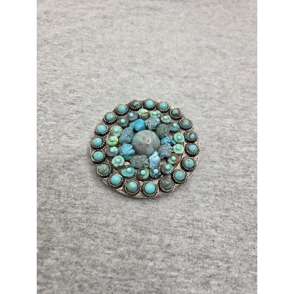 Vintage Zuni Navajo Turquoise Cluster Womens Heavy Circular Belt Buckle Rare